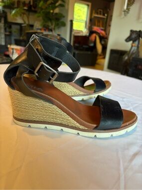 MIA Black Leather Wedge Espadrille Sandals with Ankle Buckle